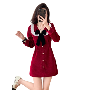 RM24677#法式赫本风名媛气质蕾丝拼接蝴蝶结红色灯芯绒连衣裙