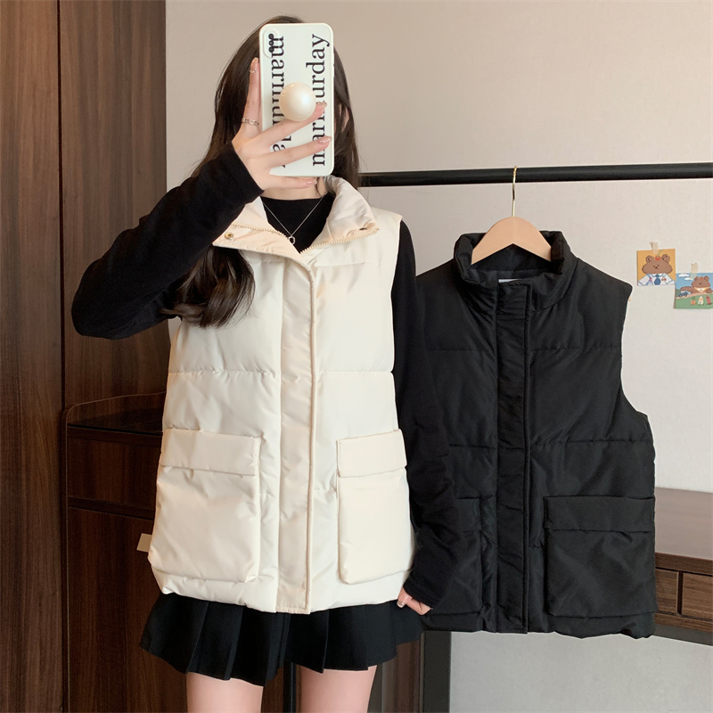 Actual shot of down-padded jacket vest for women in autumn and winter new versatile student stand-up collar outer vest jacket