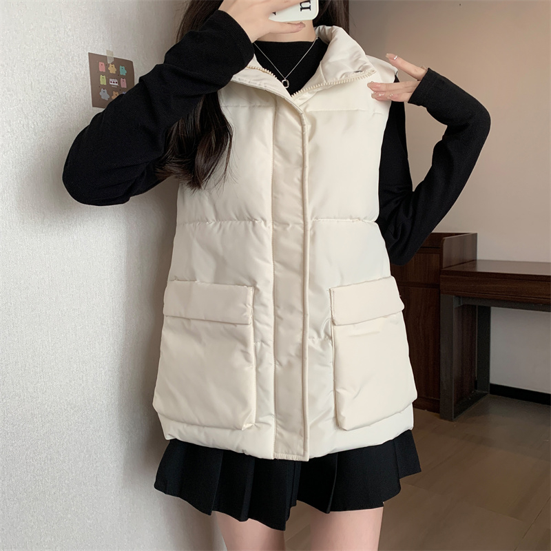 Actual shot of down-padded jacket vest for women in autumn and winter new versatile student stand-up collar outer vest jacket