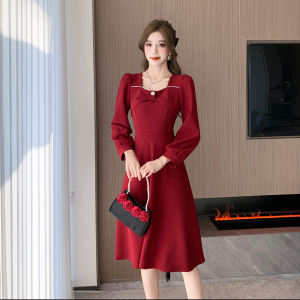 RM24592#新款法式复古蝴蝶结礼服红色连衣裙日常可穿