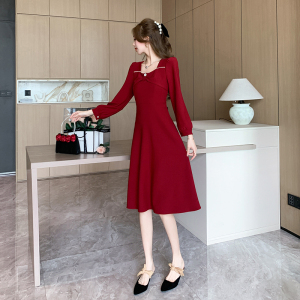 RM24592#新款法式复古蝴蝶结礼服红色连衣裙日常可穿