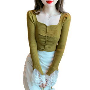 RM24693#新款针织衫女修身打底毛衣秋冬季拼接蕾丝袖上衣女