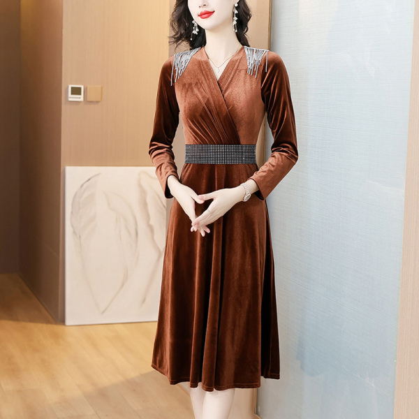 RM24576#新款丝绒晚礼服连衣裙高端镶钻长袖连衣裙气质显瘦女装长裙子