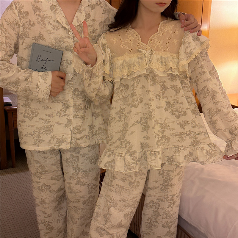 Real shot of Korean style autumn and winter breathable and comfortable Chinese style couple breathable cotton gauze outer wear sweet home clothes set