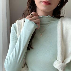 RM24609#木耳边半高领长袖t恤女秋季新款设计感修身内搭打底衫上衣