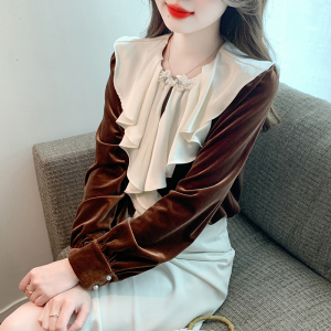 RM24558#法式复古荷叶边丝绒衬衫女2023秋季新款高级感时尚长袖气质上衣