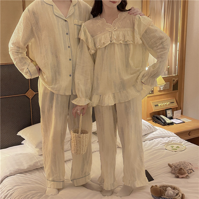 Real shot of Korean style sweet couple palace style cotton soft gauze autumn and winter outer wear home wear suit dress