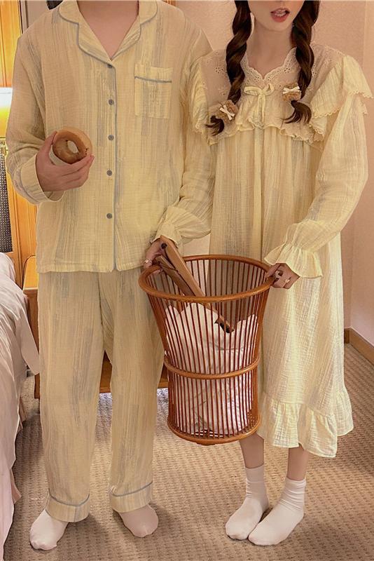 Real shot of Korean style sweet couple palace style cotton soft gauze autumn and winter outer wear home wear suit dress