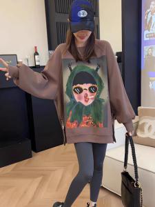 RM24637#慵懒风卡通卡通印花加绒卫衣女冬季设计感开叉拉链圆领中长款上衣