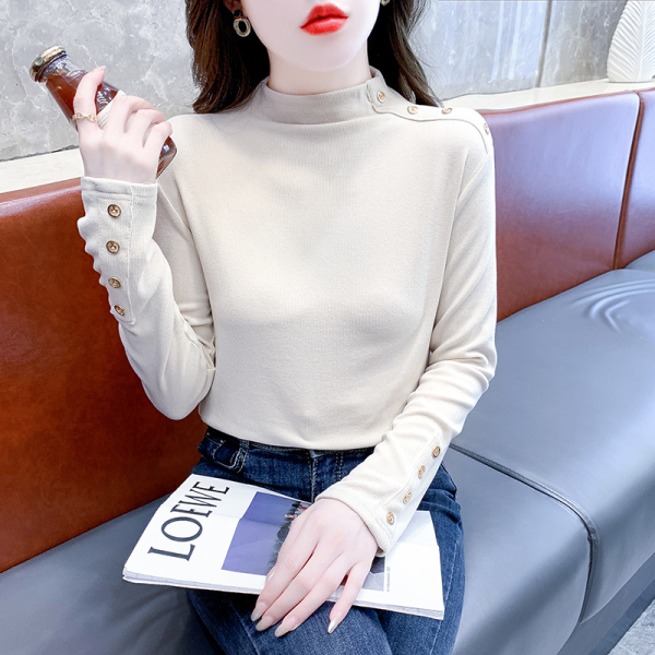 RM24756#新款韩版时尚半高领纯色排扣打底衫气质修身百搭上衣