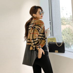 RM25023#韩版女装冬季新款气质拼皮条纹长袖格纹单排毛呢外套