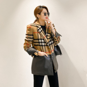 RM25023#韩版女装冬季新款气质拼皮条纹长袖格纹单排毛呢外套