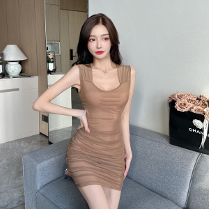 Elastic Mesh Solid Color Half Perspective Sleeveless Body Fit Wrap Hip Dress