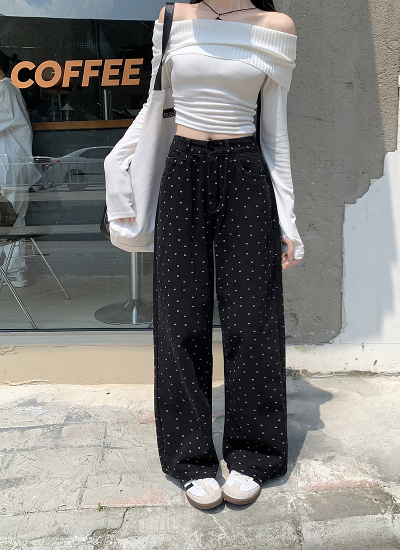 Real shot of pants for women in spring, versatile loose slimming trousers, retro black polka-dot high-waisted straight jeans