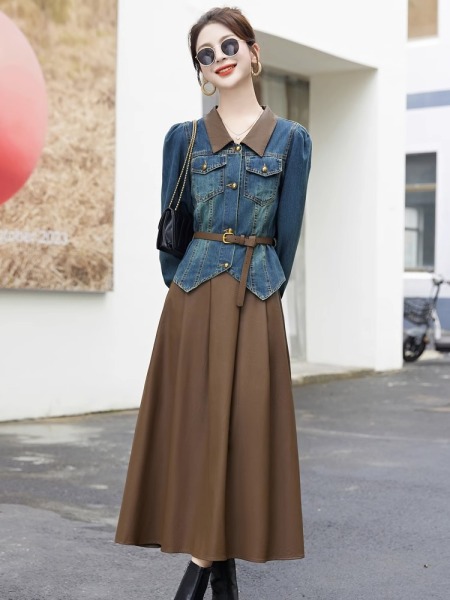 RM24657#牛仔连衣裙套装女2023年秋季新款时髦气质收腰显瘦裙子两件...