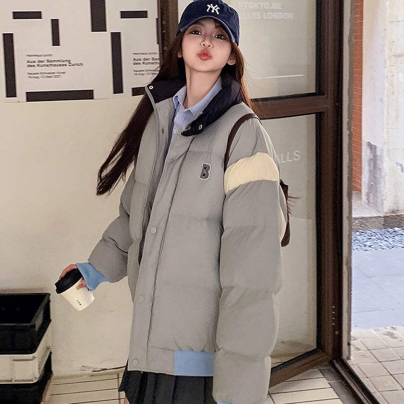 Actual shot of Korean style color-blocking down jacket for women  winter new stand-up collar student cotton coat bread coat small man coat