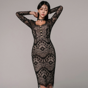 TR57239# 韩版新品修身方领收腰蕾丝长袖连衣裙 服装批发女装批发服饰货源