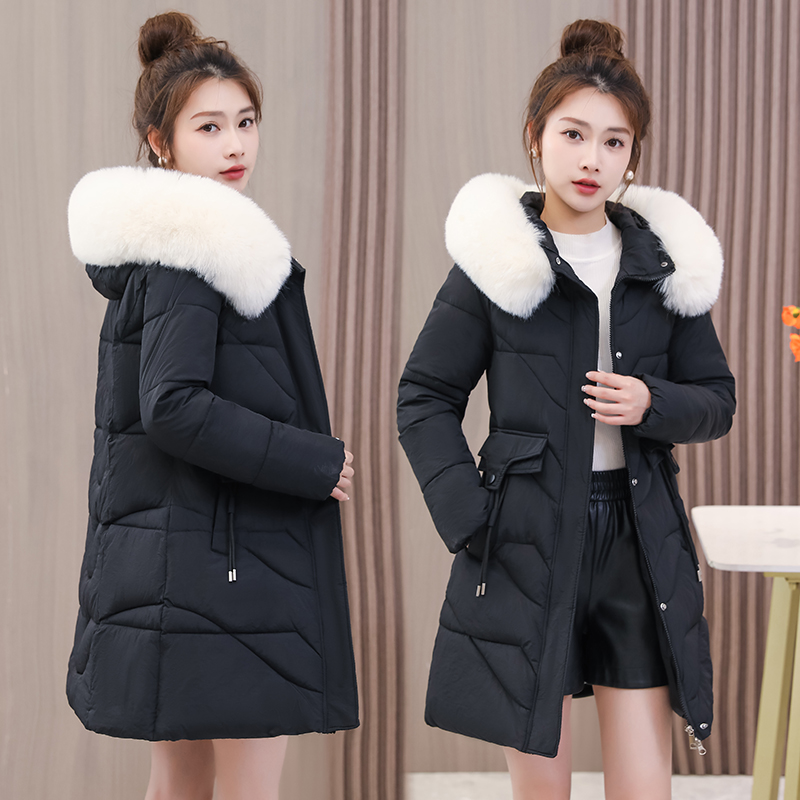 Down cotton coat for women 2023 new slim-fitting mid-length warm large fur collar cotton coat jacket fashionable high-end cotton jacket