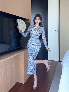 RM24795#新款新中式气质修身改良旗袍开叉优雅连衣裙