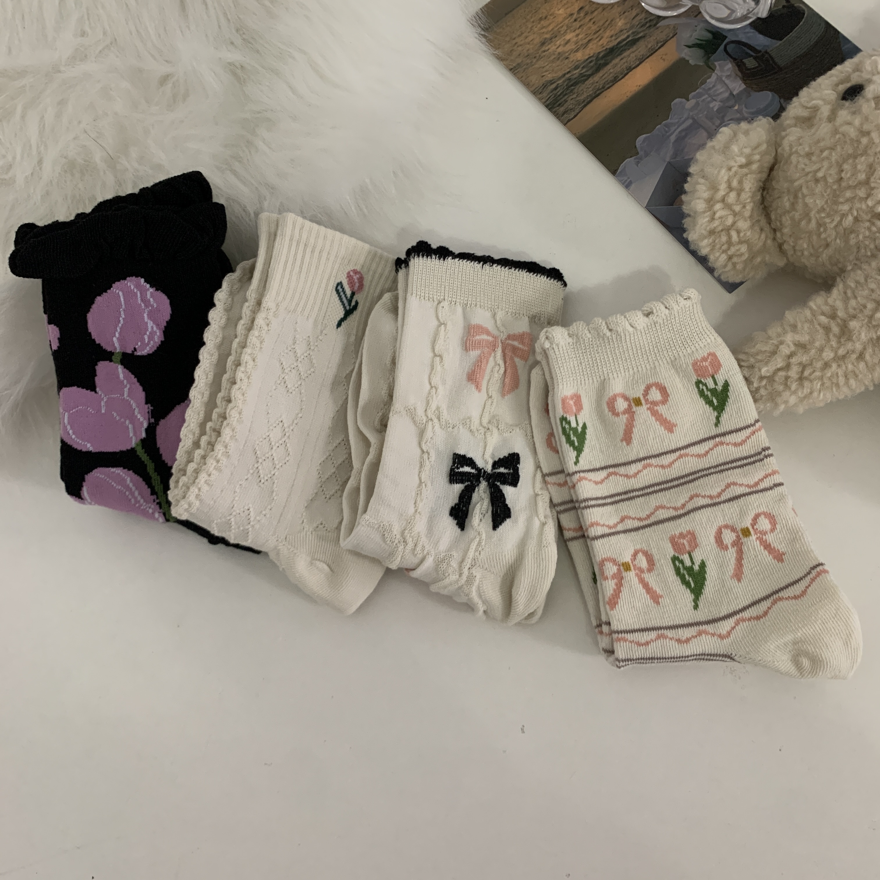 实拍 百搭韩版学院风中筒袜可爱花朵堆堆袜5双装