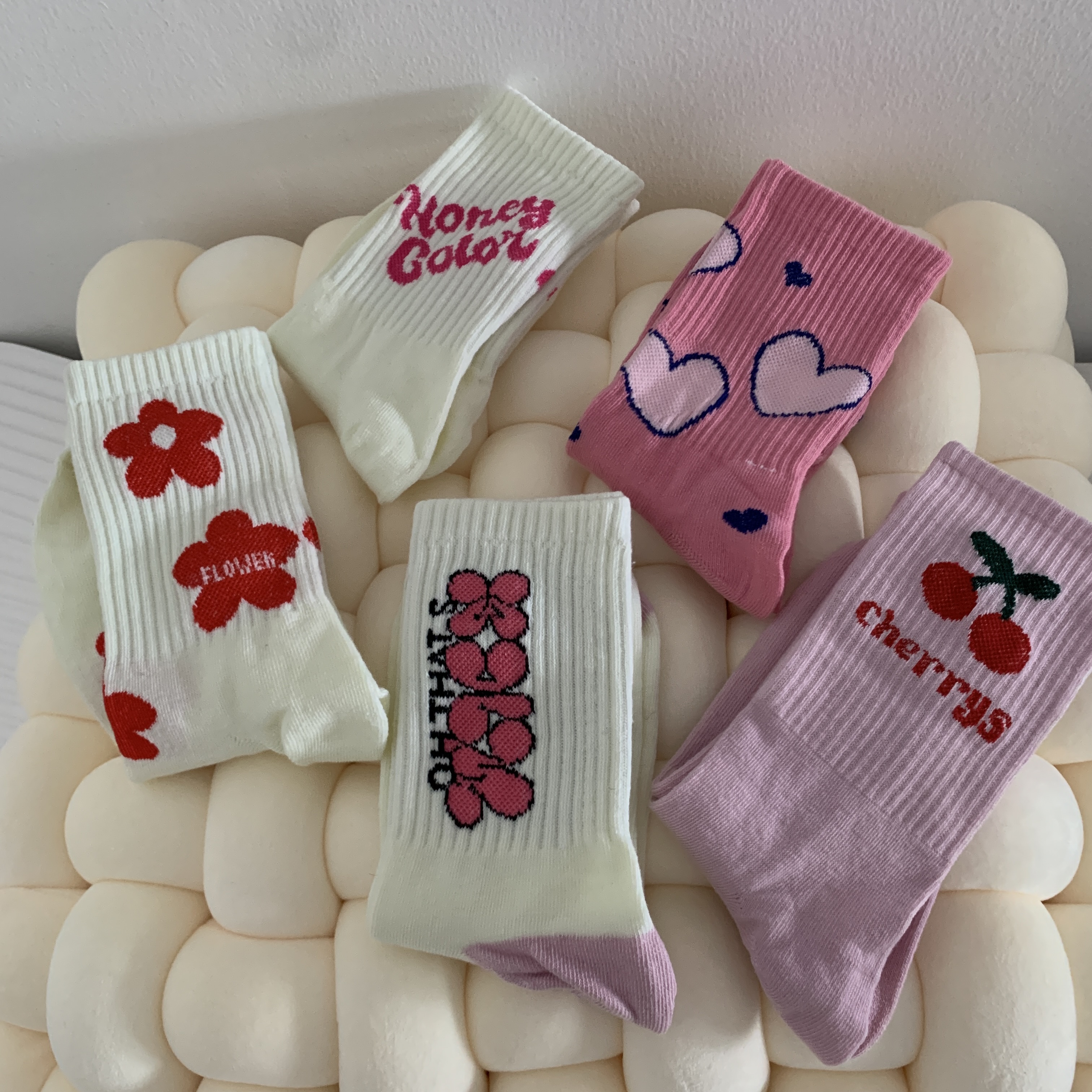 实拍 韩版百搭粉色白色花朵中筒袜少女堆堆袜5双装