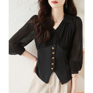 TR59173# 秋装V领雪纺衬衫女春季新款时尚收腰显瘦气质百搭长袖上衣 服装批发女装批发服饰货源