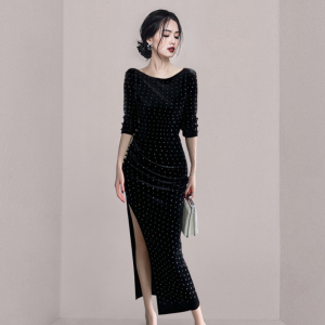 RM25026#韩版轻奢水钻设计感裙子轻熟风秋复古开叉连衣裙