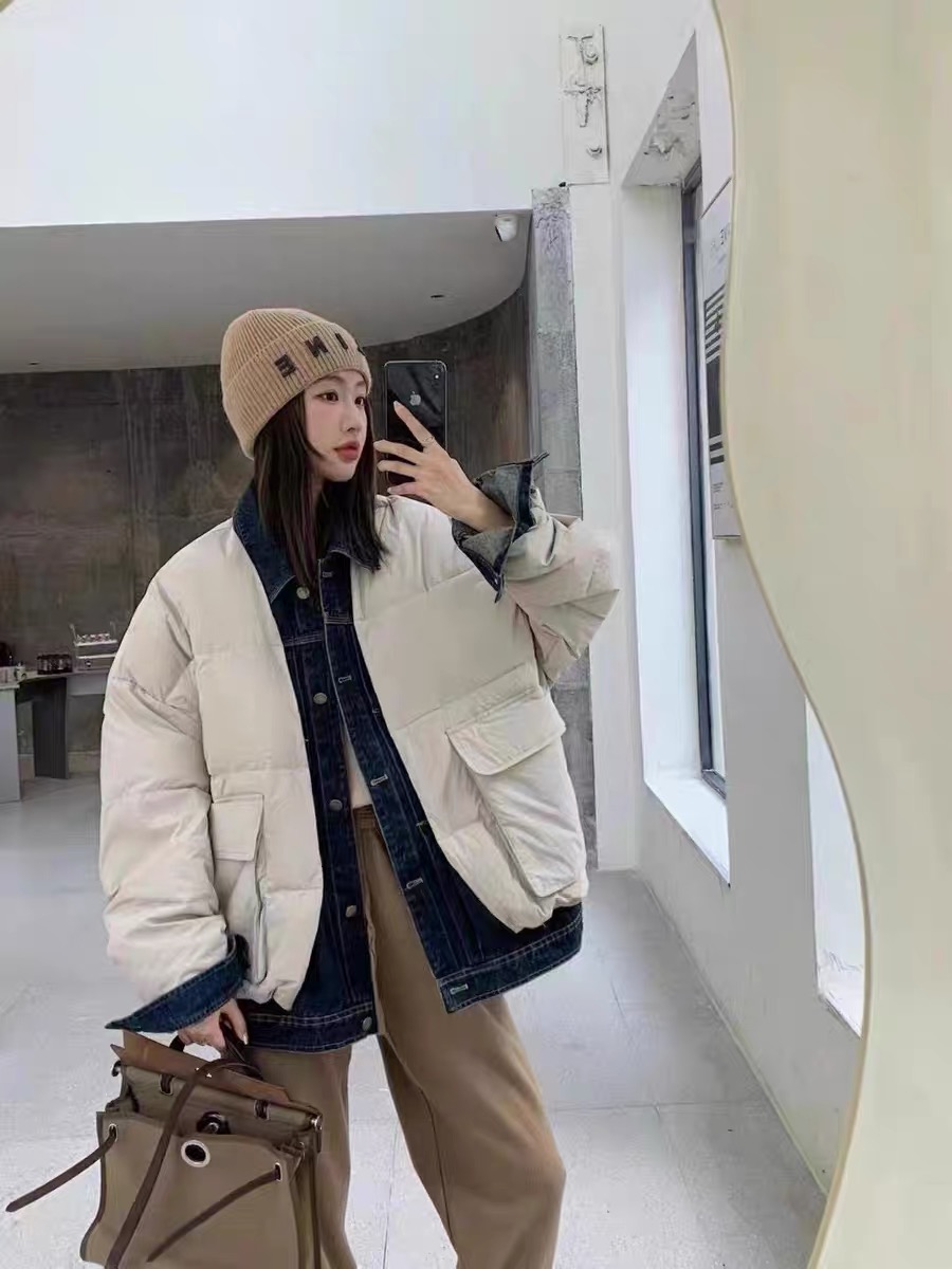 2023 new style denim splicing fake two-piece large pocket short cotton jacket winter casual