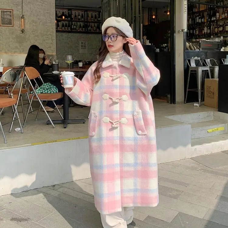 Pink horn button woolen coat for women winter plaid Korean style gentle and sweet new style petite woolen coat