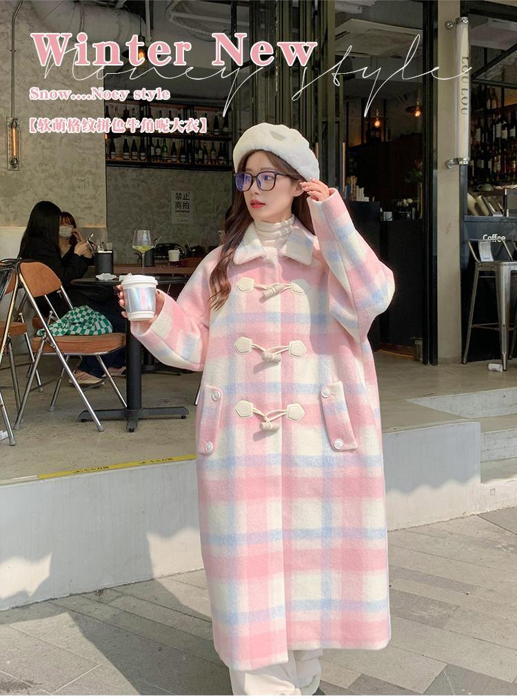 Pink horn button woolen coat for women winter plaid Korean style gentle and sweet new style petite woolen coat