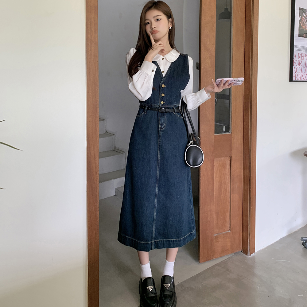 實拍2026春裝新款休閑復古連衣裙女V領小個藍色牛仔背心裙搭襯衫