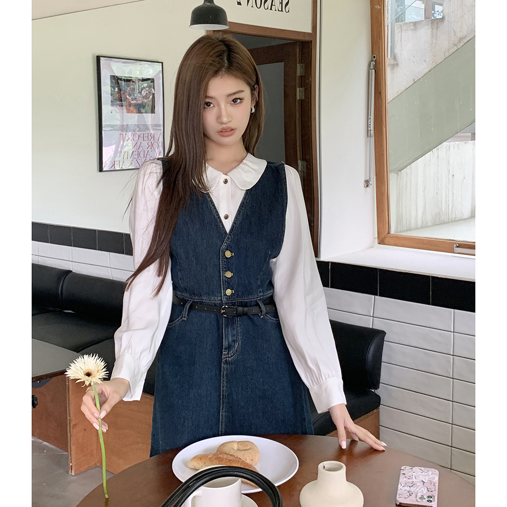 實拍2026春裝新款休閑復古連衣裙女V領小個藍色牛仔背心裙搭襯衫