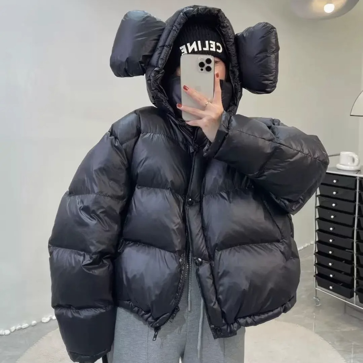 European Mickey Big Ears Short Down Jacket for Women 2023 Winter New Design Fashionable Cotton Clothes Bread Clothes Trendy