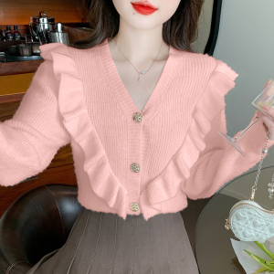 RM25525#韩版甜美荷叶边V领针织开衫女2023秋季新款简约宽松毛衣外套上衣