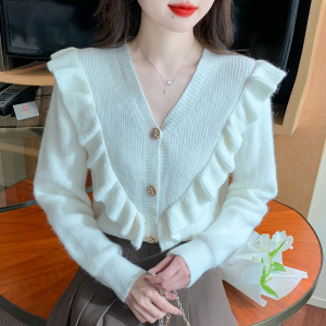 RM25525#韩版甜美荷叶边V领针织开衫女2023秋季新款简约宽松毛衣外套上衣
