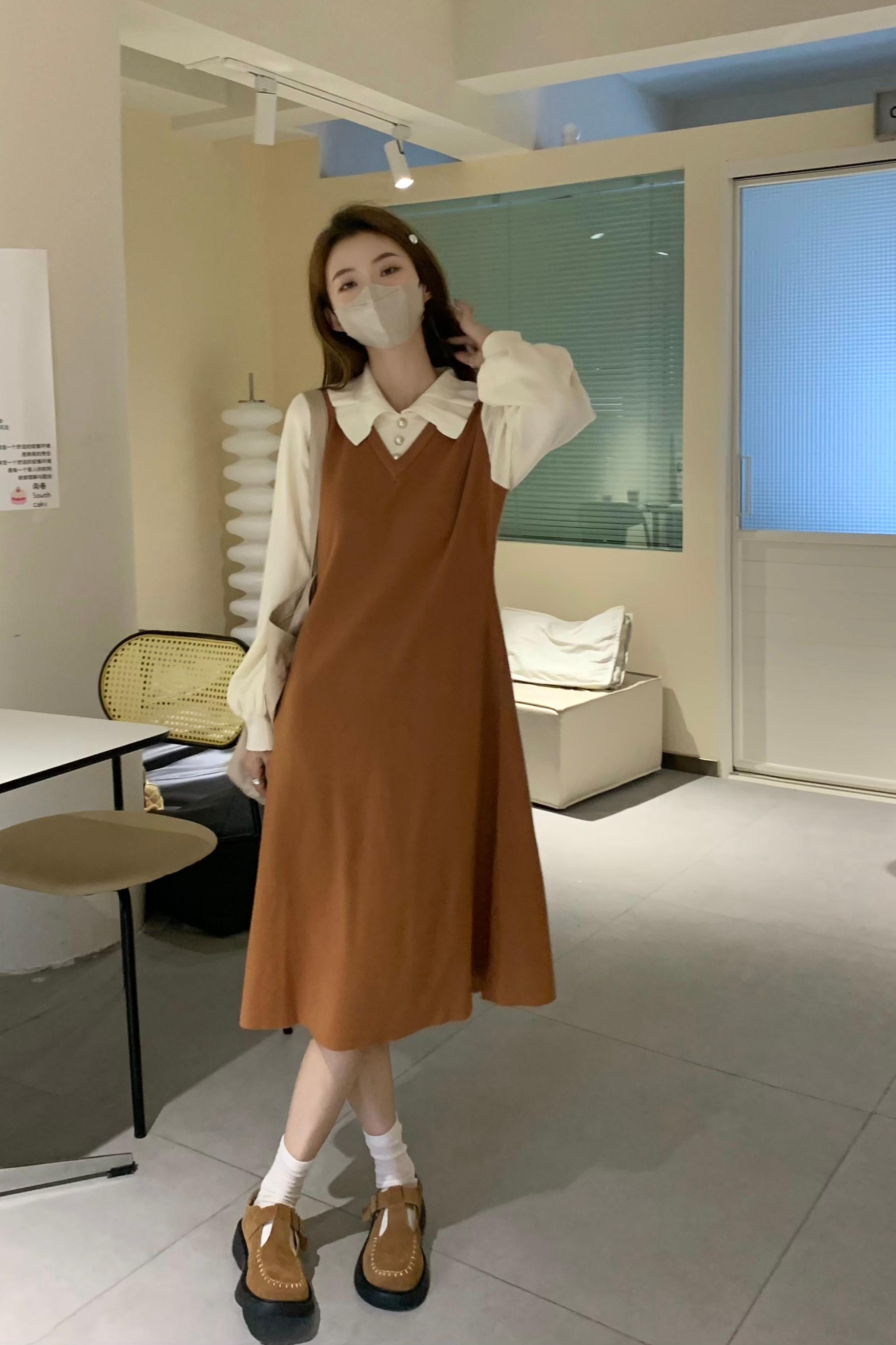 Actual shot of the new autumn and winter style ~ Contrast color fake two-piece dress for women Korean college style long skirt
