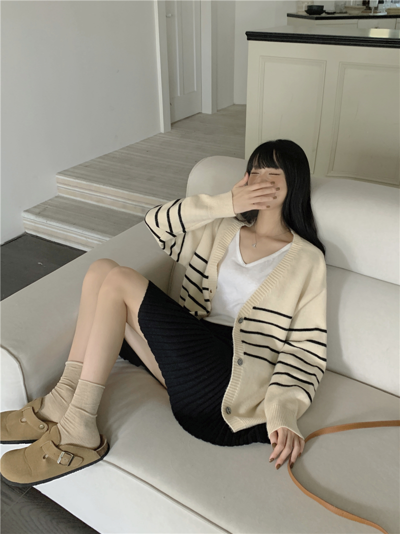 Actual shot of new autumn and winter styles~casual striped wool knitted cardigan, loose, slim and versatile top for women in autumn
