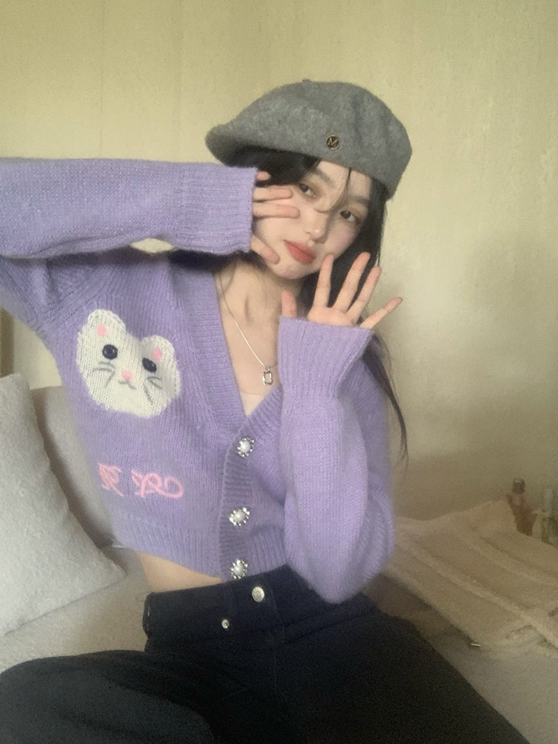 韩版猫咪刺绣V领紫色小香风毛衣开衫显瘦短款针织外套甜美上衣女