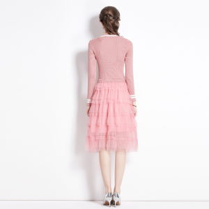 RM25365#温柔风长袖百褶网纱蛋糕裙拼接针织假两件套连衣裙