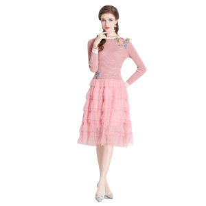 RM25365#温柔风长袖百褶网纱蛋糕裙拼接针织假两件套连衣裙