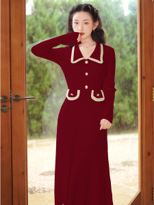 RM25382#小香风秋冬针织翻领显瘦连衣裙女春季设计感 