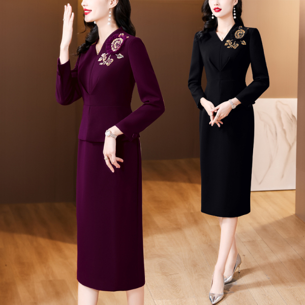 RM25421#女长袖V领优雅高级感时尚通勤气质职业包臀连衣裙