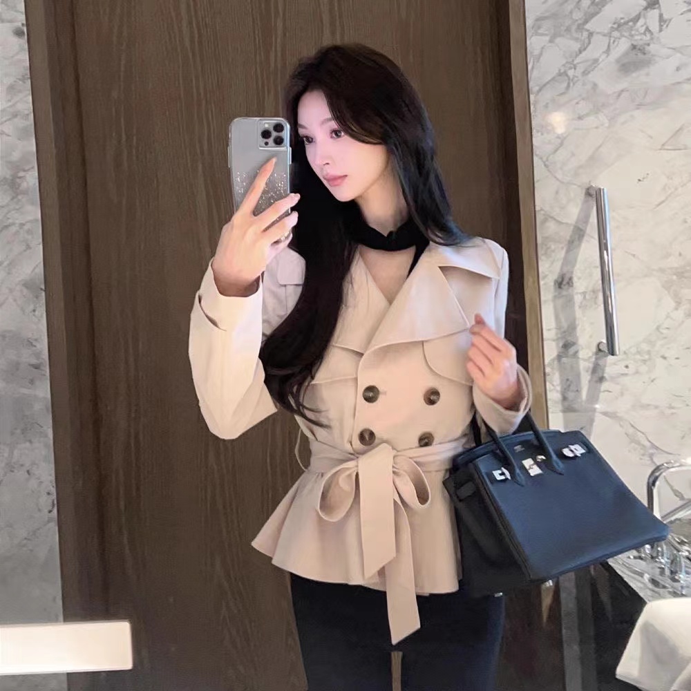 French high-end short khaki windbreaker for women, autumn, small, Korean style, waist-strap double-breasted jacket