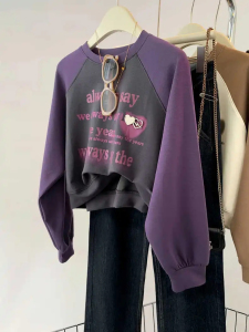 RM25389#紫色短款插肩袖套头卫衣女春秋秋季2023新款美式圆领长袖t恤上衣