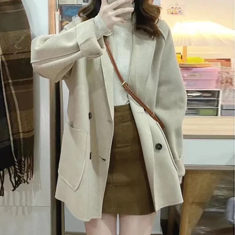 High-end double-sided fleece coat  spring new loose Korean style woolen lapel coat for women