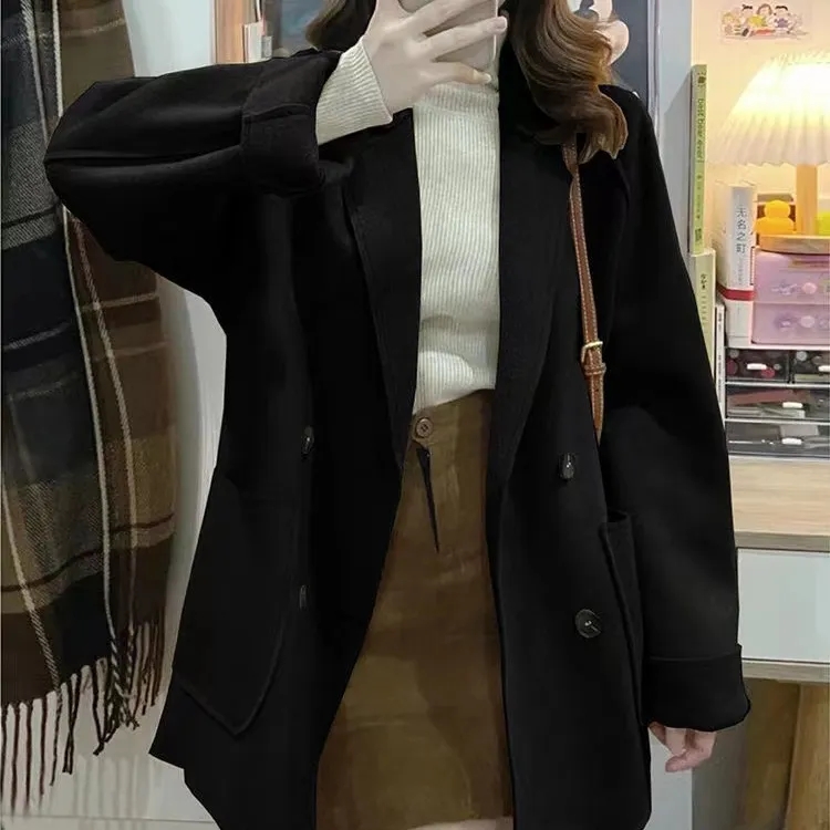 High-end double-sided fleece coat  spring new loose Korean style woolen lapel coat for women