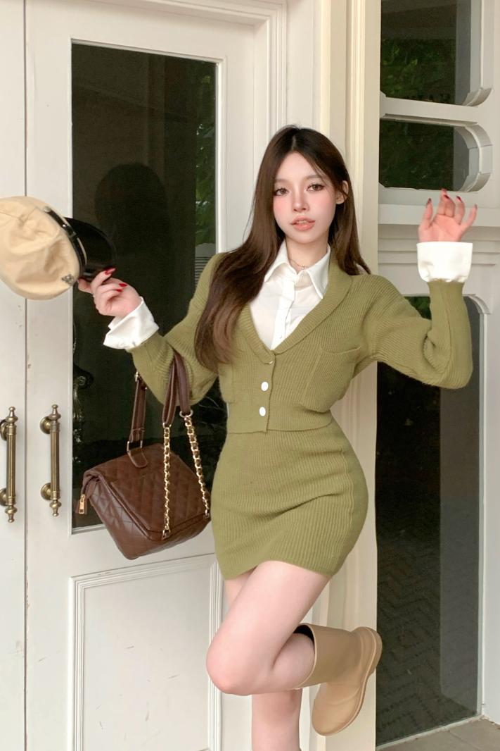 实拍 秋季韩版单排扣v领针织衫高腰包臀半身短裙休闲套装女