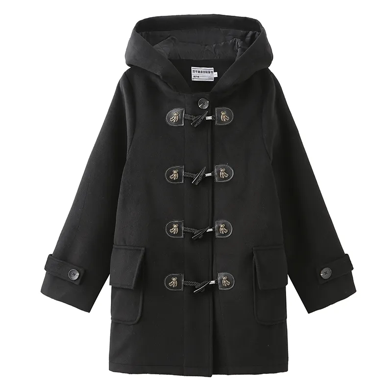 Autumn and winter  new college style horn button coat winter black women's woolen jk uniform mid-length coat