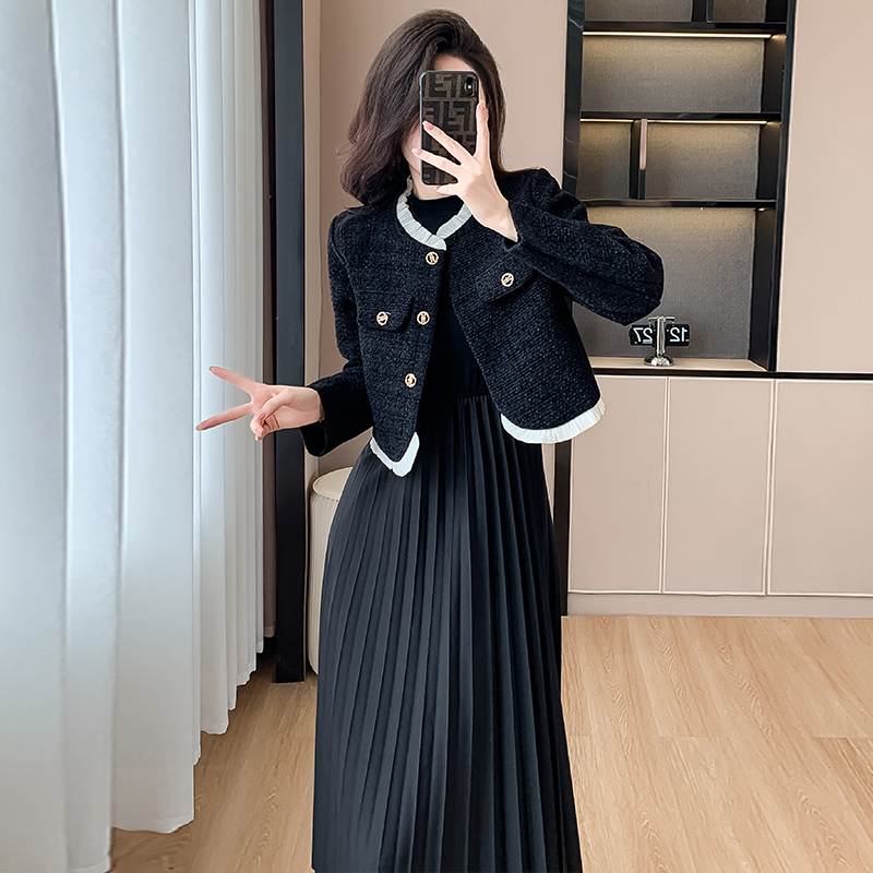 實拍流行小香風時尚套裝女富家千金穿搭氣質外套赫本連衣裙兩件套