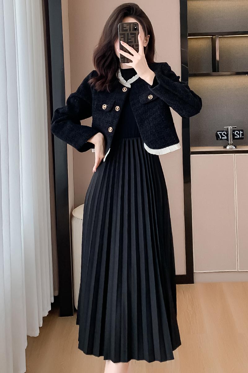 實拍流行小香風時尚套裝女富家千金穿搭氣質外套赫本連衣裙兩件套
